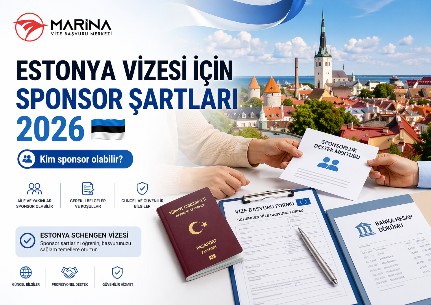 Estonya vizesi için sponsor şartlarını anlatan, Estonya bayrağı, pasaport, banka hesap özeti ve Marina Vize Başvuru Merkezi logosu içeren ana sayfa kapak görseli